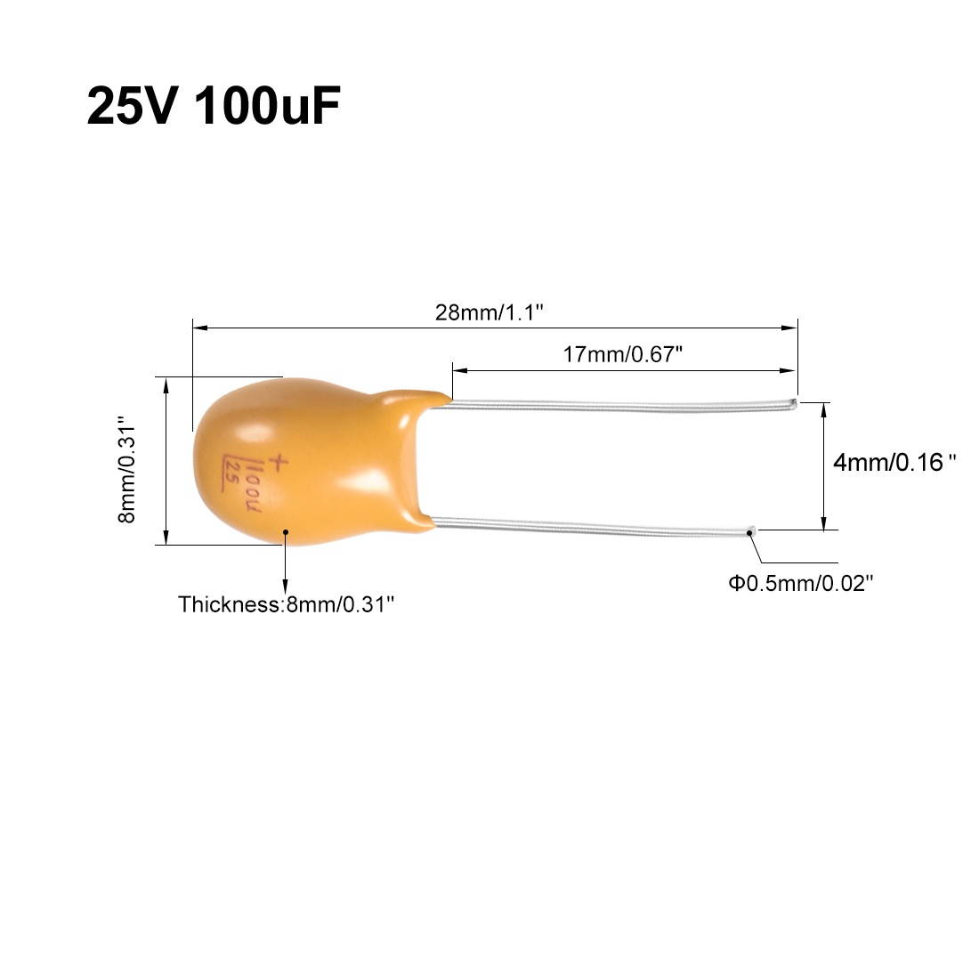 100uF Tantalum Capacitor, 25V 2 Pin Yellow Radial Dipped Tantalum Bead Capacitors 5pcs