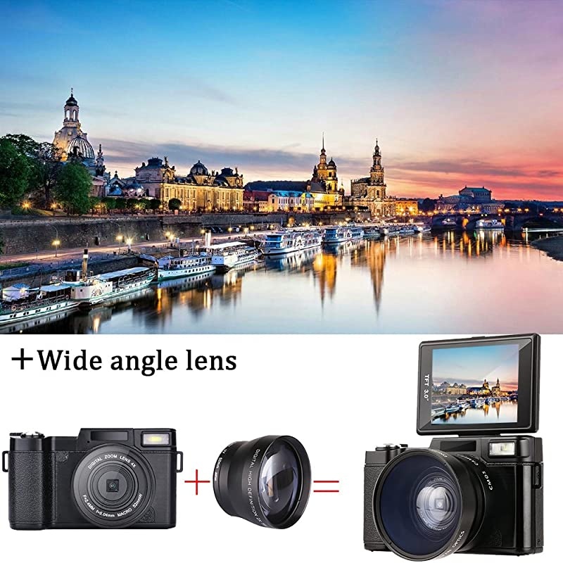 Digital Camera Camcorder,  Full HD 1080P 24.0MP Video Camera 3.0 Inch Flip Screen Vlogging Camera Camcorder with Retractable Flashlight for YouTube (Two Batteries Included)