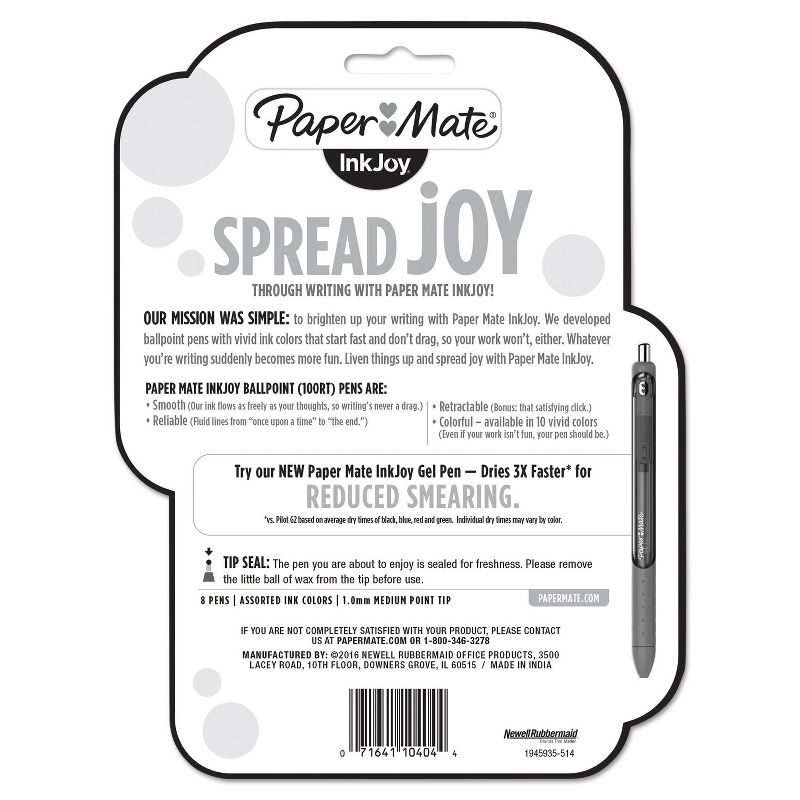 Paper Mate InkJoy 100 RT Retractable Ballpoint Pen 1mm Assorted 8/Pack 1945935