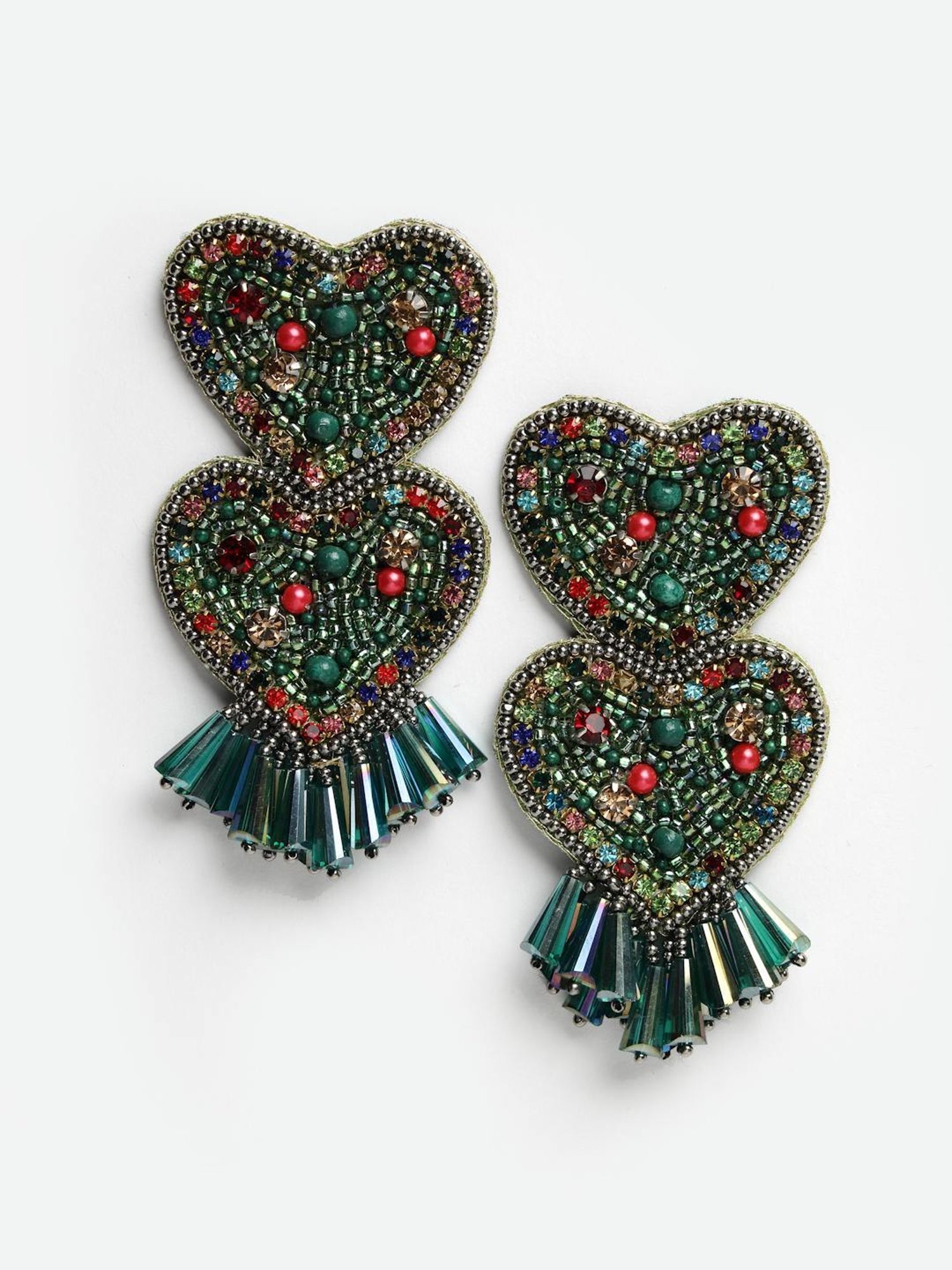 Moedbuille Handcrafted Sequins Beads and Crystals Heart Shape Silver Plated Tassel Earrings