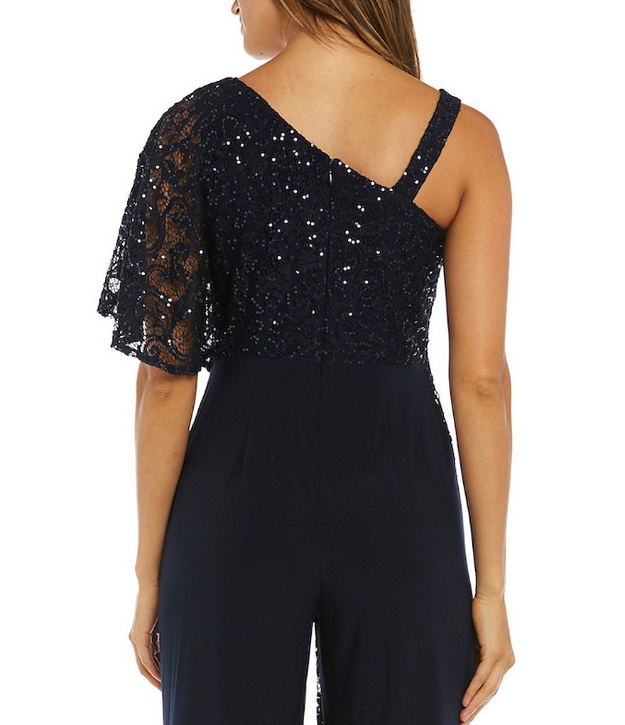 R & M Richards Embroidered Sequin One Shoulder Jumpsuit