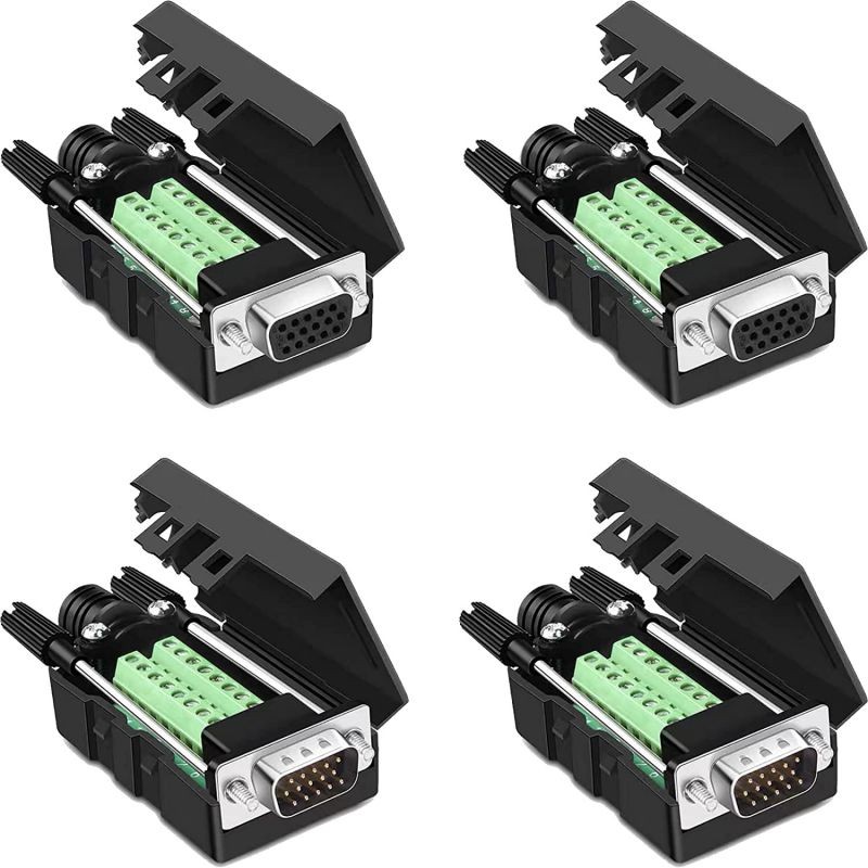 Jienk 4Packs VGA DB15 3 Row Solderless Male/Female Quick Connector 3+9 D-SUB 15 Pin Port Terminal Solderfree Breakout Connector Board with Case Accessories Long Bolts