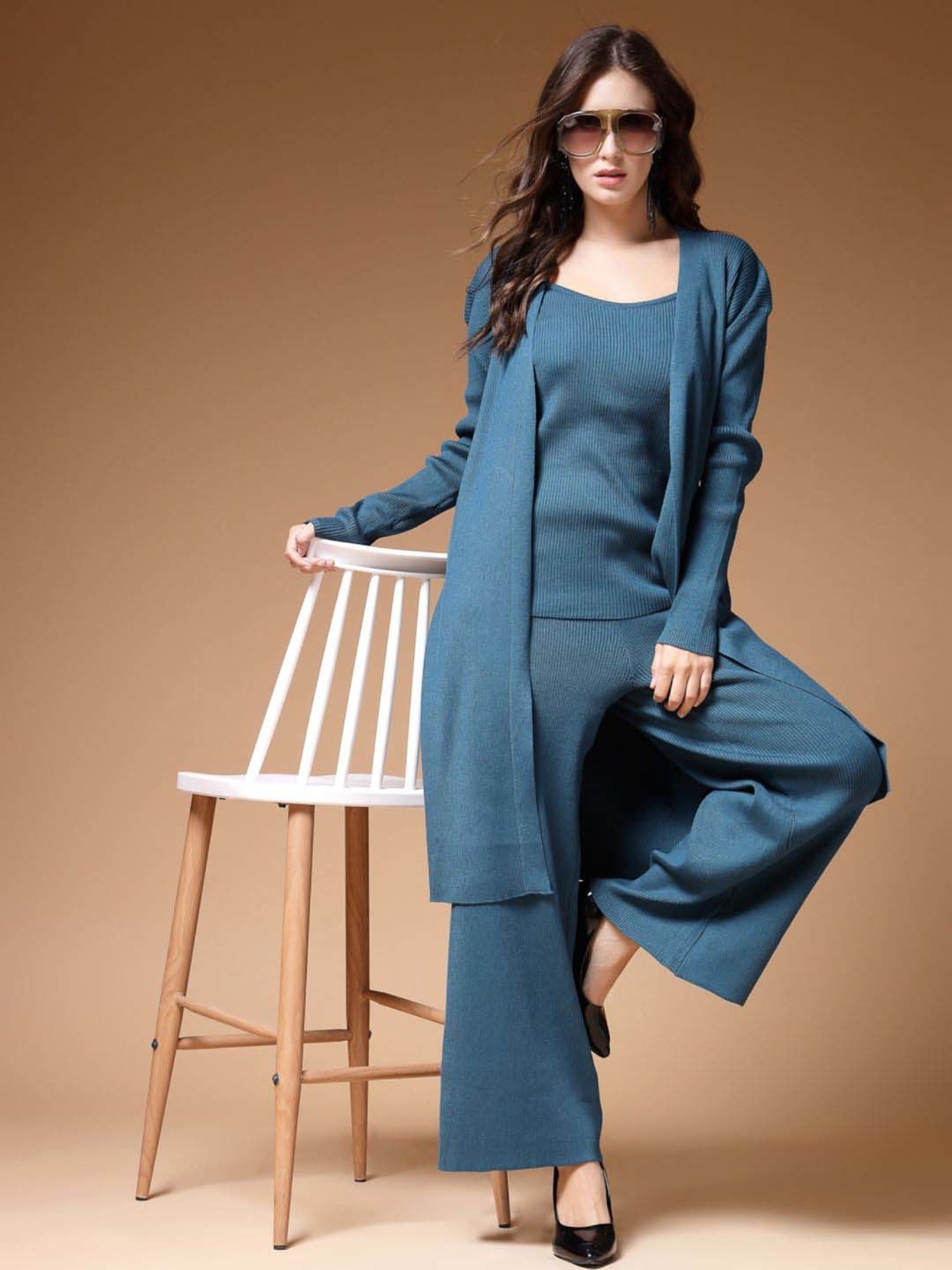 Mafadeny Teal Blue Plain Top Pants Set With Shrug