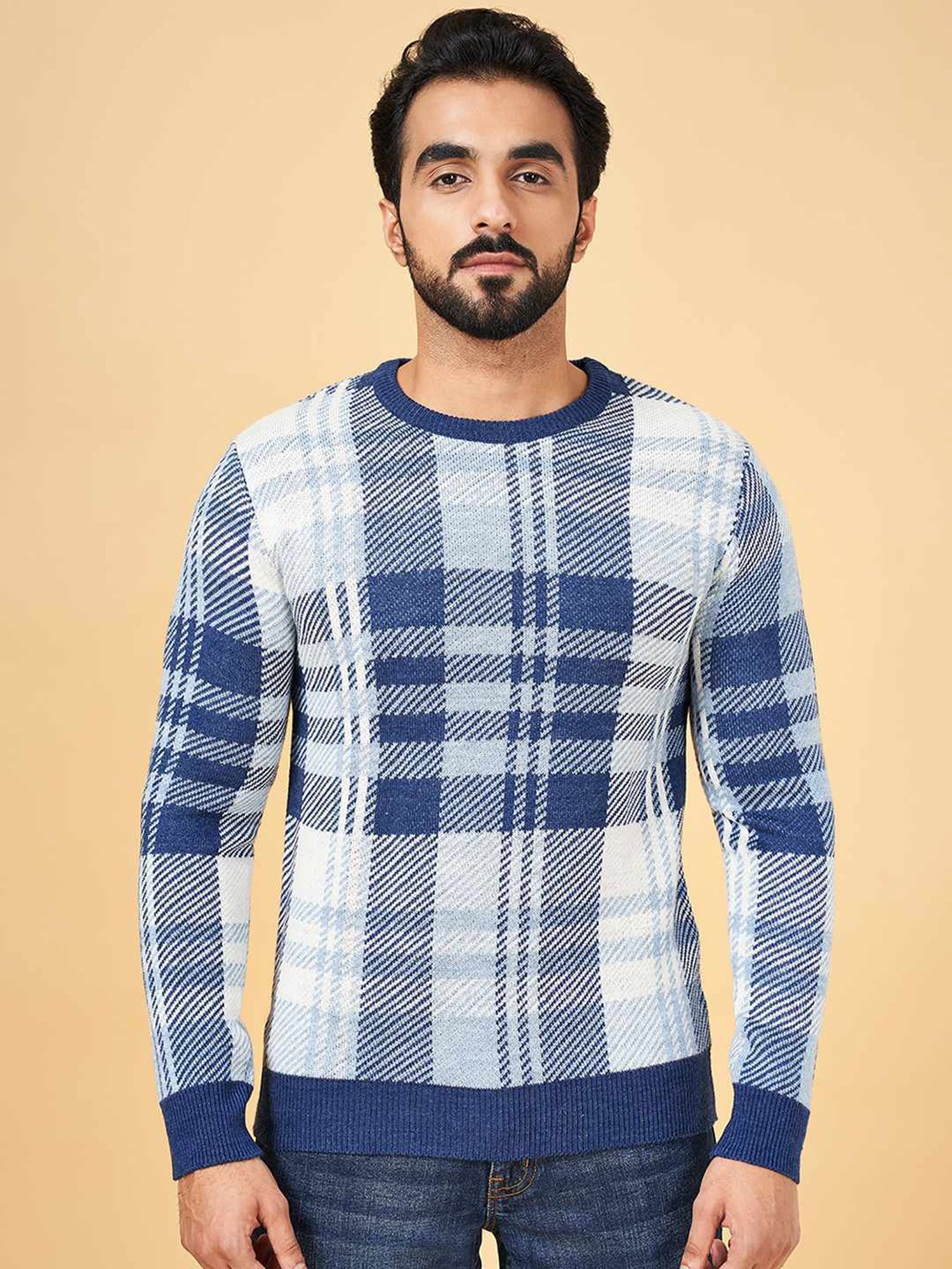 YU by Pantaloons Blue Regular Fit Checks Sweater