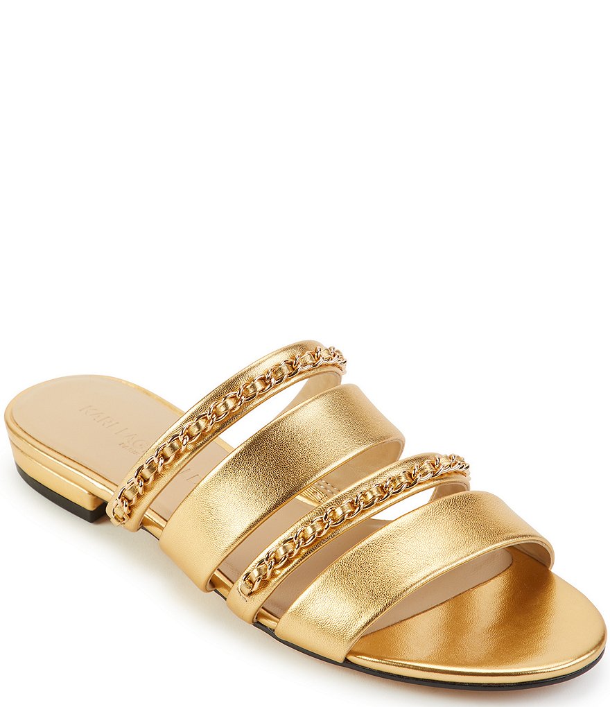 KARL LAGERFELD PARIS Caliana Metallic Leather Chain Detail Flat Sandals