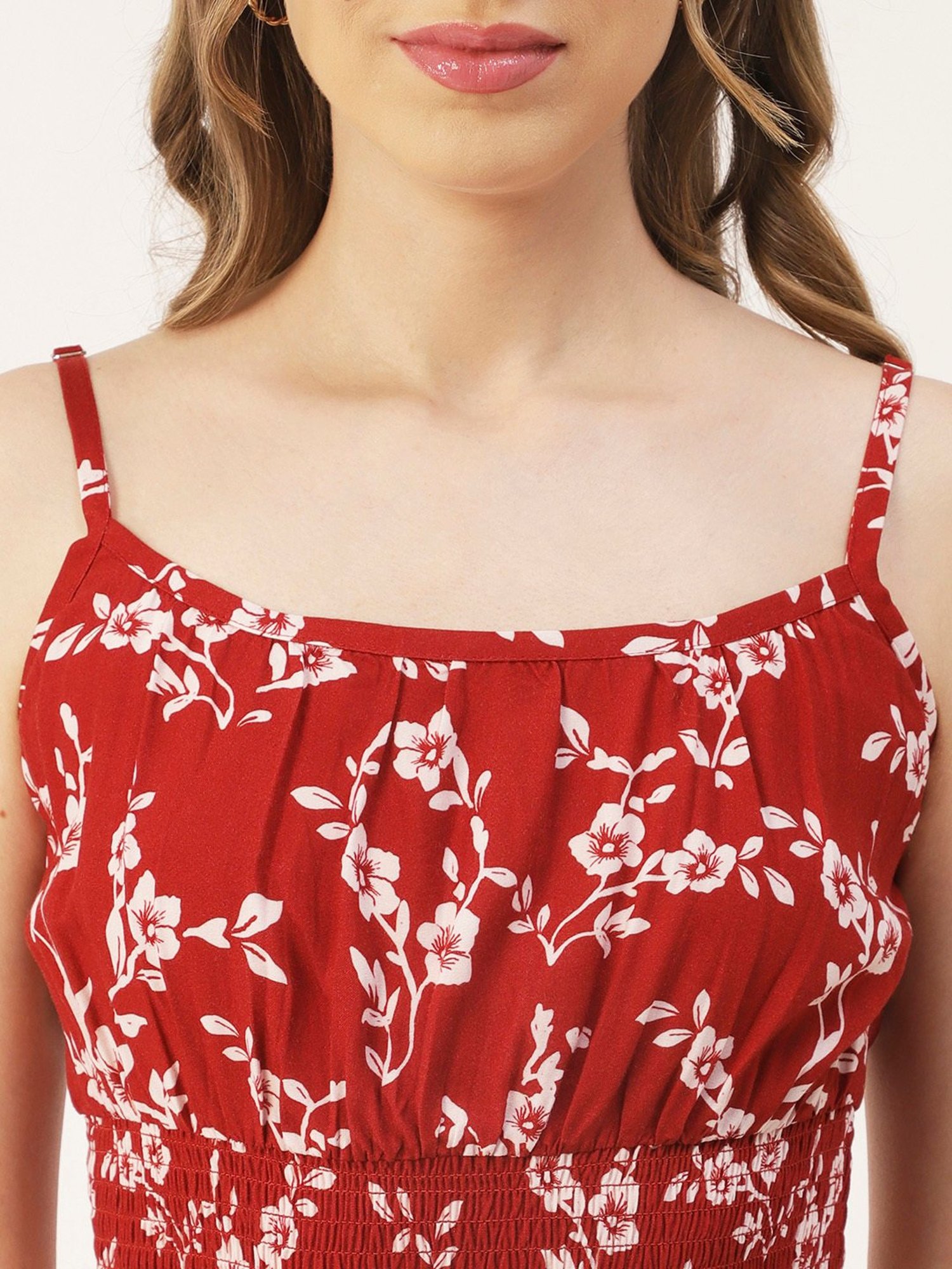 Moomaya Red Floral Print Crop Top With Palazzos