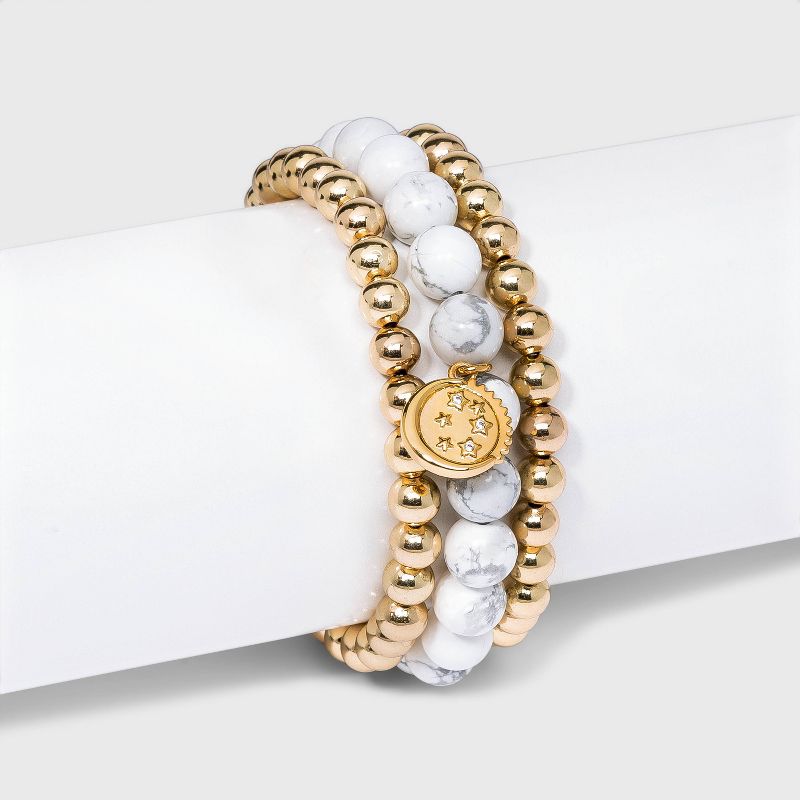 Beloved + Inspired Gold Howlite with Celestial Charm Trio Stretch Bead Bracelet Set - Gold