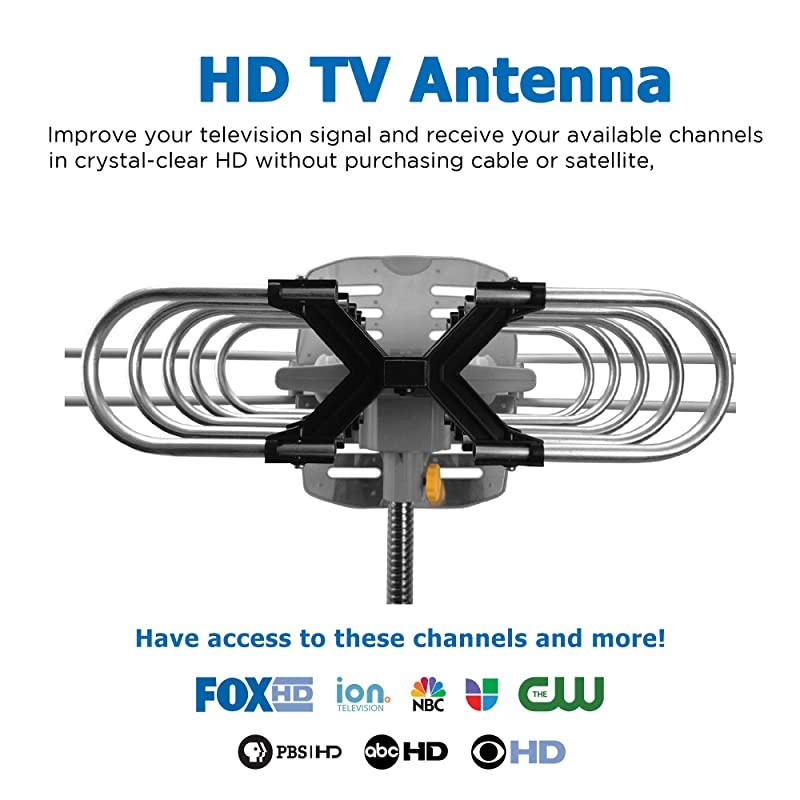 Outdoor 150 Mile Motorized 360 Degree Rotation OTA Amplified HD TV Antenna for 2 TVs UHF/VHF/1080P Channels Wireless Remote Rotation Control - 32.8' Coax Cable