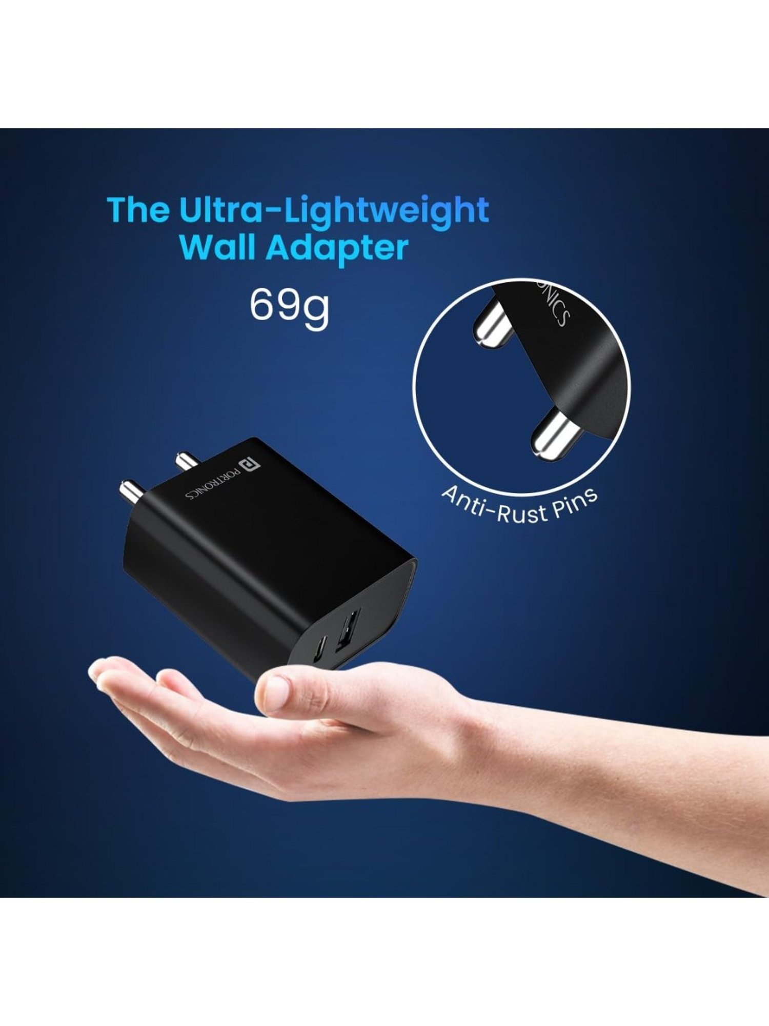 Portronics Adapto 70 33W Fast Charger Adapter with Dual Output USB plus Type C Supports PPS (Black)