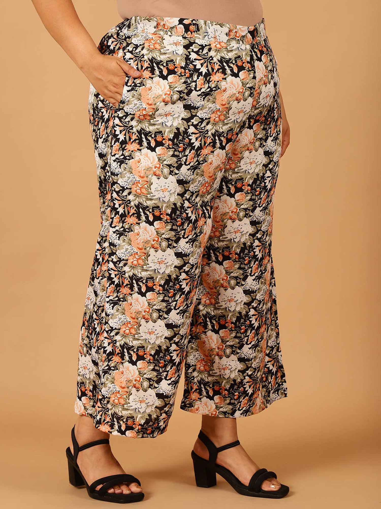 Moms Maternity Black & Orange Floral Print Regular Fit Mid Rise Plus Size Trousers