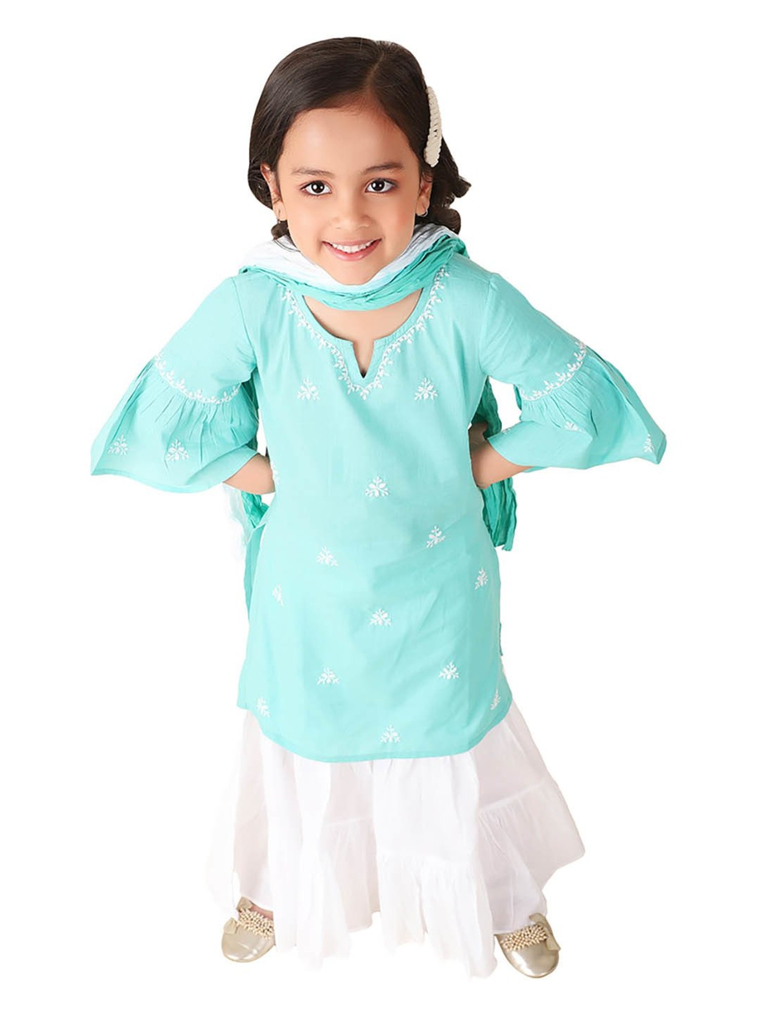 Fabindia Kids Light Blue & White Embroidered Kurta, Sharara with Dupatta