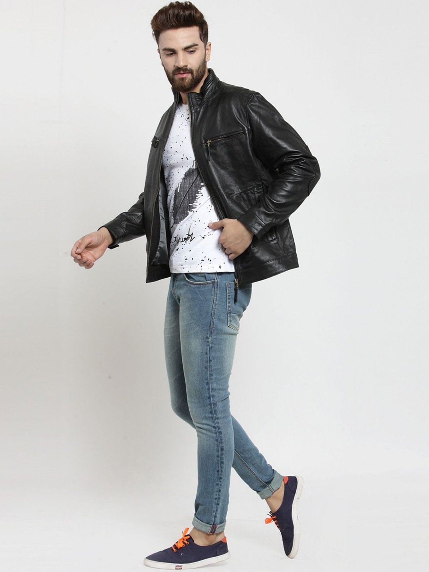 Teakwood Leathers Black High Neck Leather Jacket