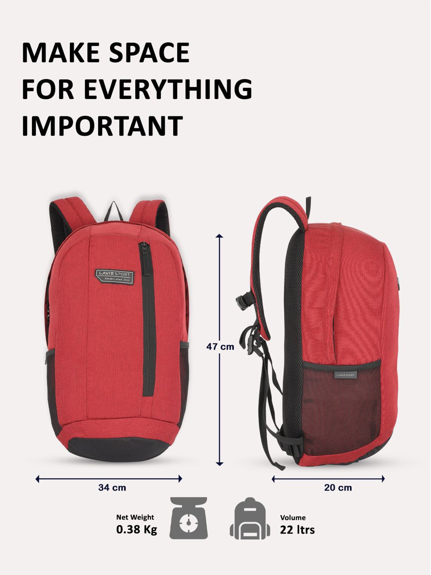 Lavie Sport Red Polyester Solid Backpack - 22 Ltrs