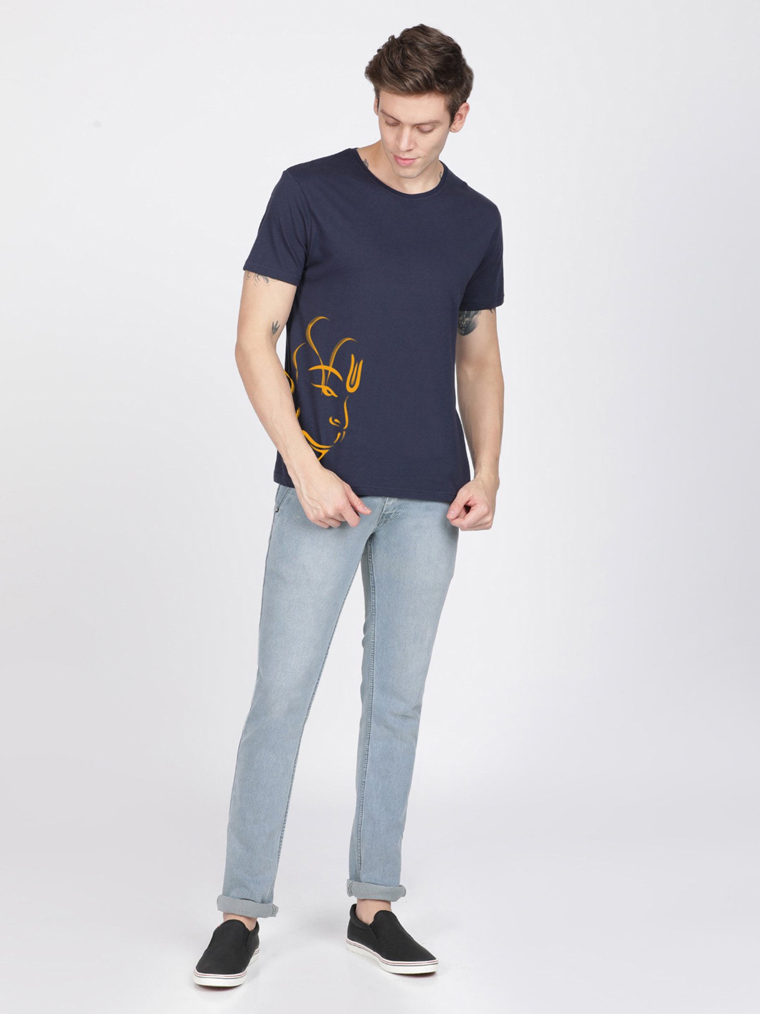 BLACK RADIO Navy Slim Fit Printed Cotton Crew T-Shirt