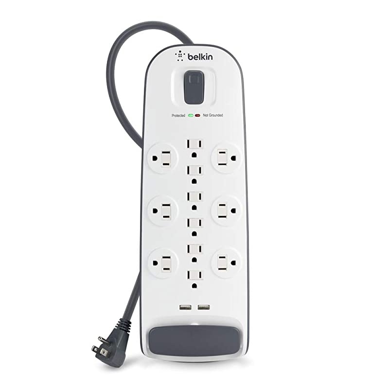 USB Power Strip Surge Protector - 12 AC Multiple Outlets & 2 USB Ports - 6 ft Long Flat Plug Extension Cord for Home, Office, Travel, Computer Desktop & Charging Brick - White (3,996 Joules)