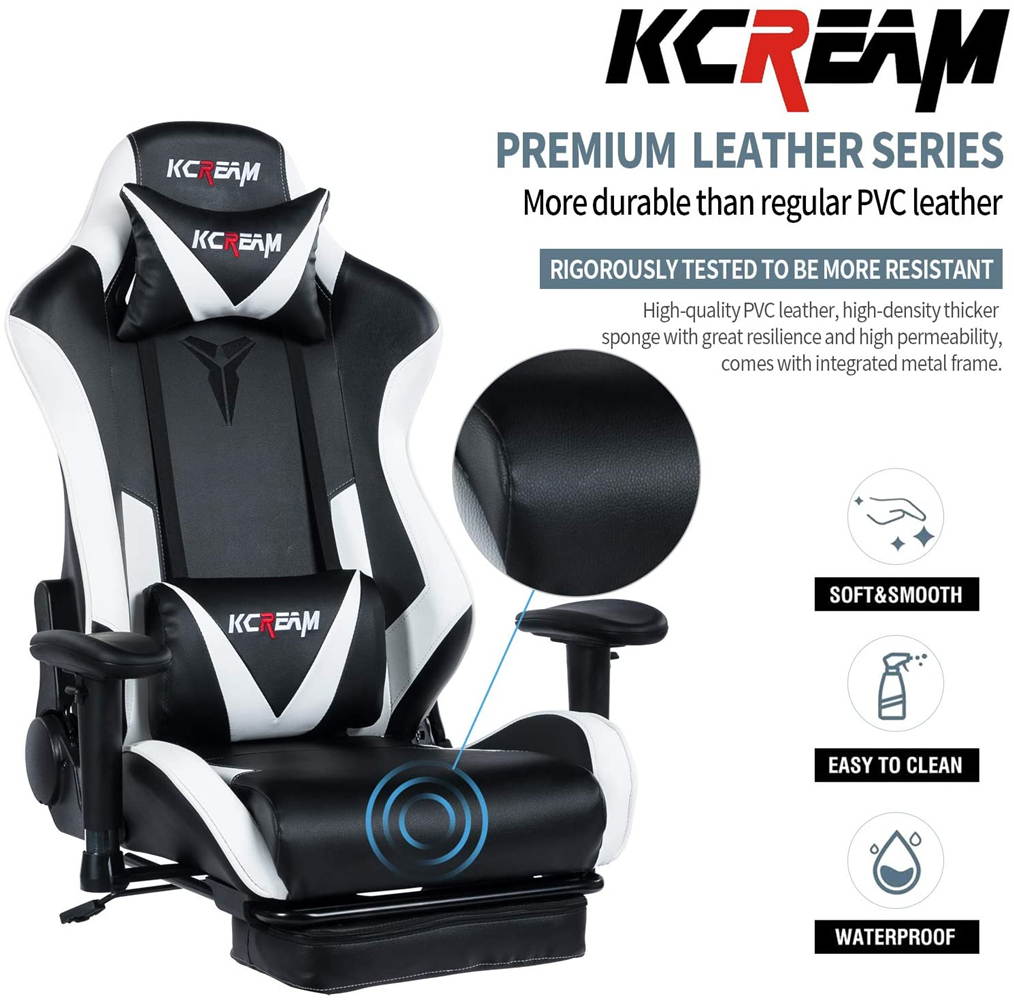 KCREAM PU Leather Swivel Chair Gaming Chair with Footrest Ergonomic Office Chair Headrest Lumbar Support Comfortable Large Size High Back Adjustable Reclining Computer Desk Chair