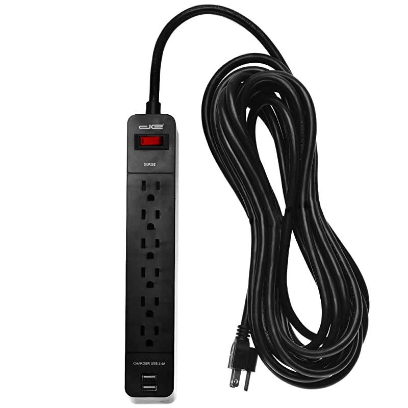 6Outlet + 2 USB 1050 Joule Surge Protector Power Strip with 15Ft Long Extension Cord Black UL Listed