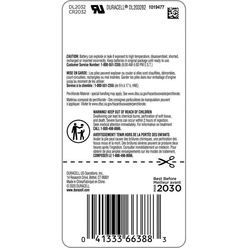 Duracell 2032 Batteries Lithium Coin Button - 2 Pack - Specialty Battery w/ Bitterant Technology