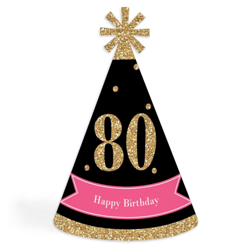 Big Dot of Happiness Chic 80th Birthday - Pink, Black and Gold - Cone Happy Birthday Party Hats for Kids and Adults - Set of 8 (Standard Size)