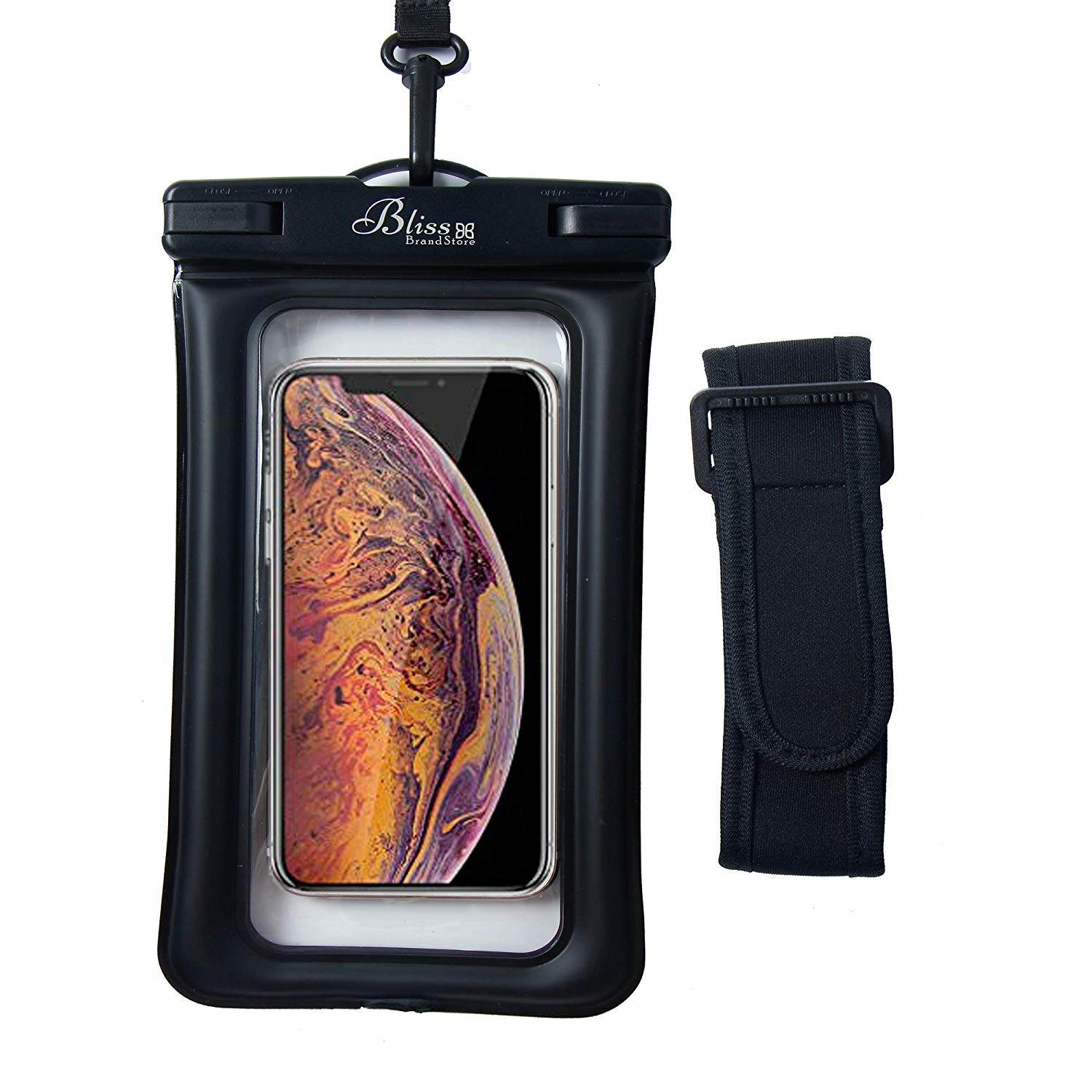 Universal Waterproof Phone Pouch for Pool Beach Swimming Kayaking Travel, Compatible with All Smartphones up to 6.5&rdquo; + Free Arm Band (Black)