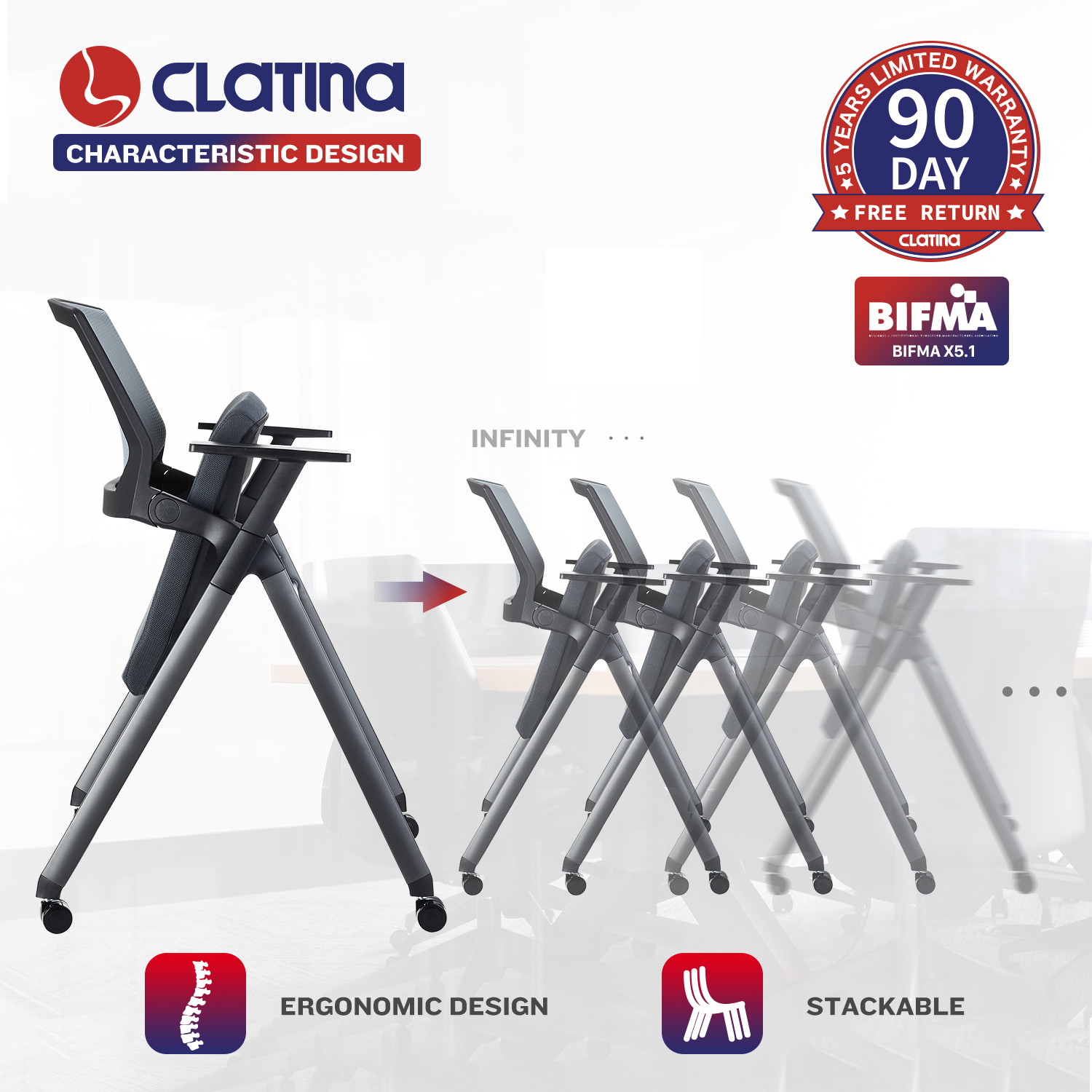 CLATINA Mesh Guest Reception Stack Chairs with Caster Wheels and Arms for Office School Church Conference Waiting Room Gray