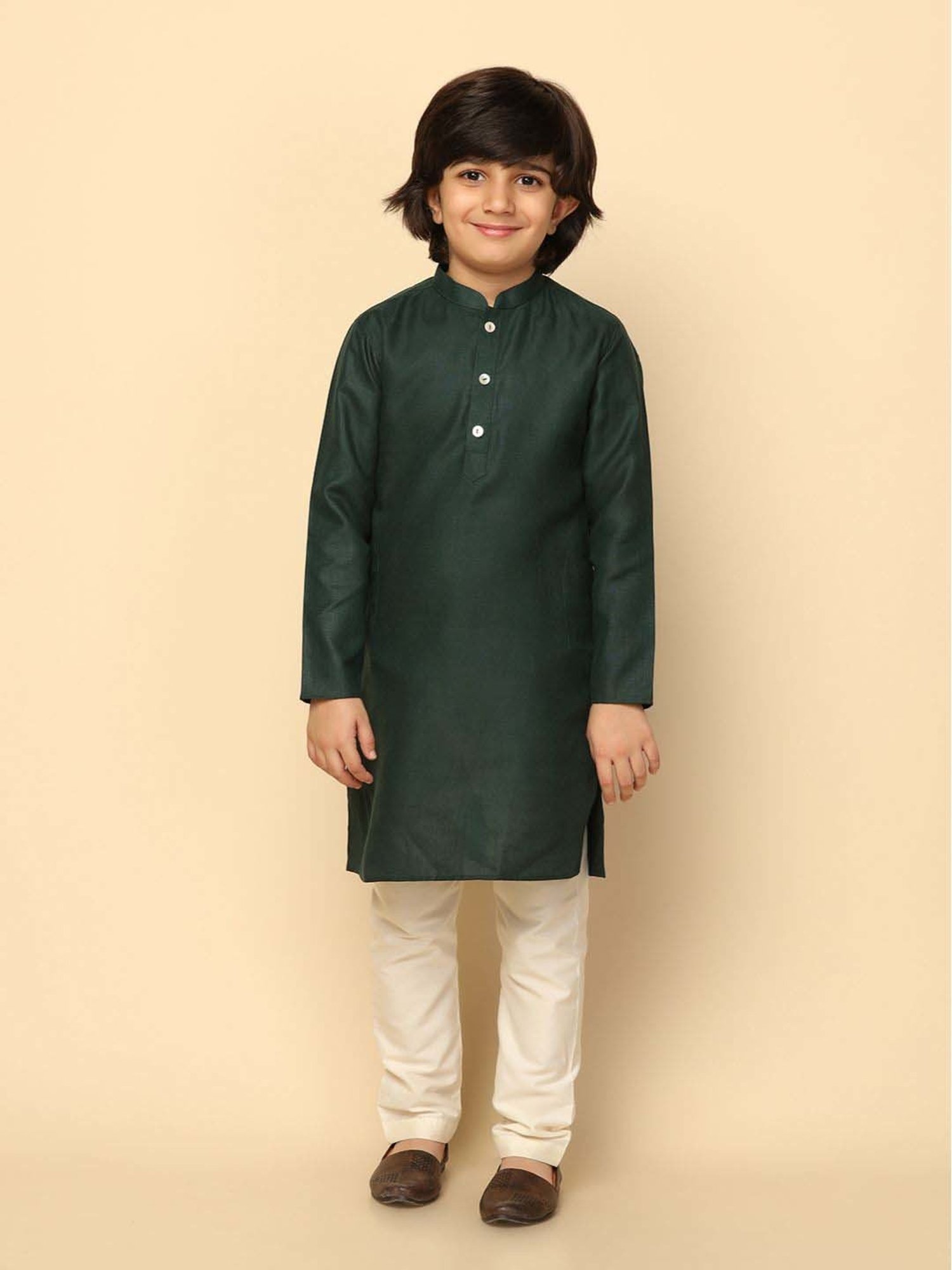 KISAH Kids Green & White Regular Fit Full Sleeves Kurta Set