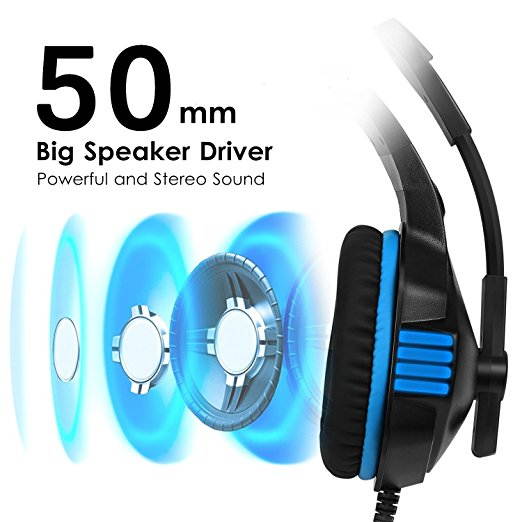 Micolindun Gaming Headset for PS4 Xbox One, Over Ear Gaming Headphones with Mic, Stereo Bass Surround, Noise Reduction, LED Lights and Volume Control for Laptop, PC, Mac, iPad, Smartphones (Blue)