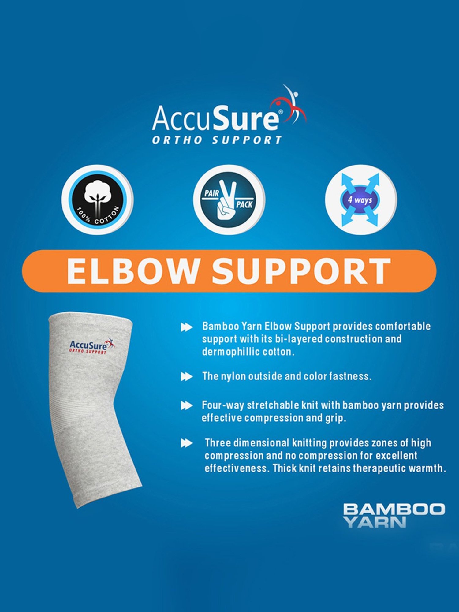 AccuSure Pair of Bamboo Yarn 4 Way Stretchable Bi-Layered Construction Elbow Compression Support-XL