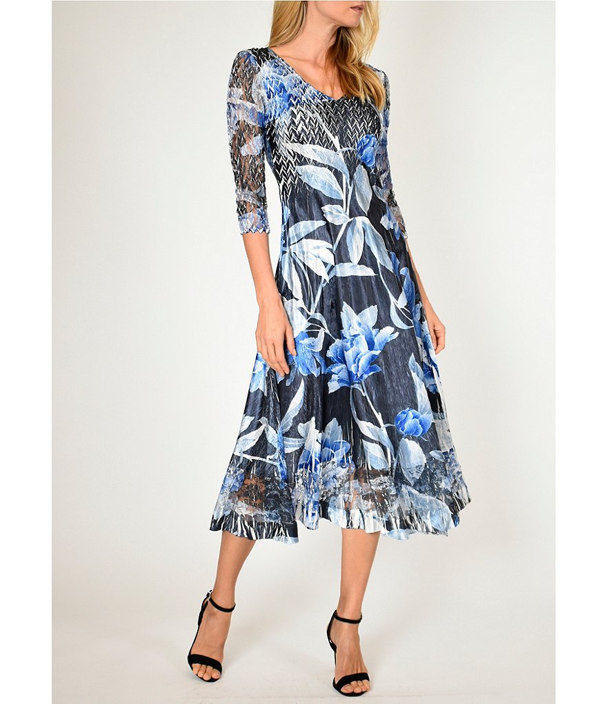 Komarov V-Neck 3/4 Sleeve Indigo Rose Floral Charmeuse Midi Dress
