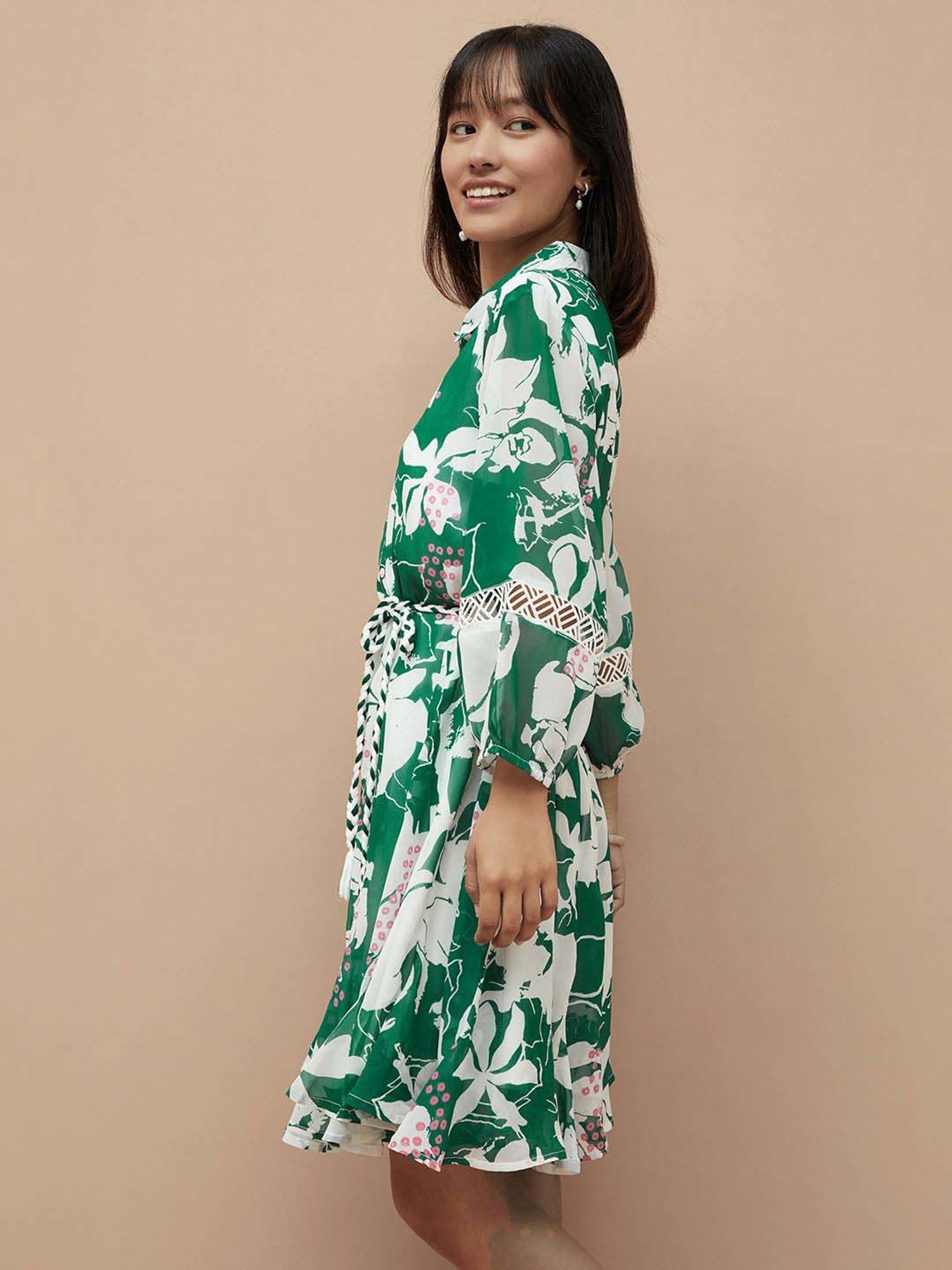 Colour Me by Melange Green Printed A-Line Dress
