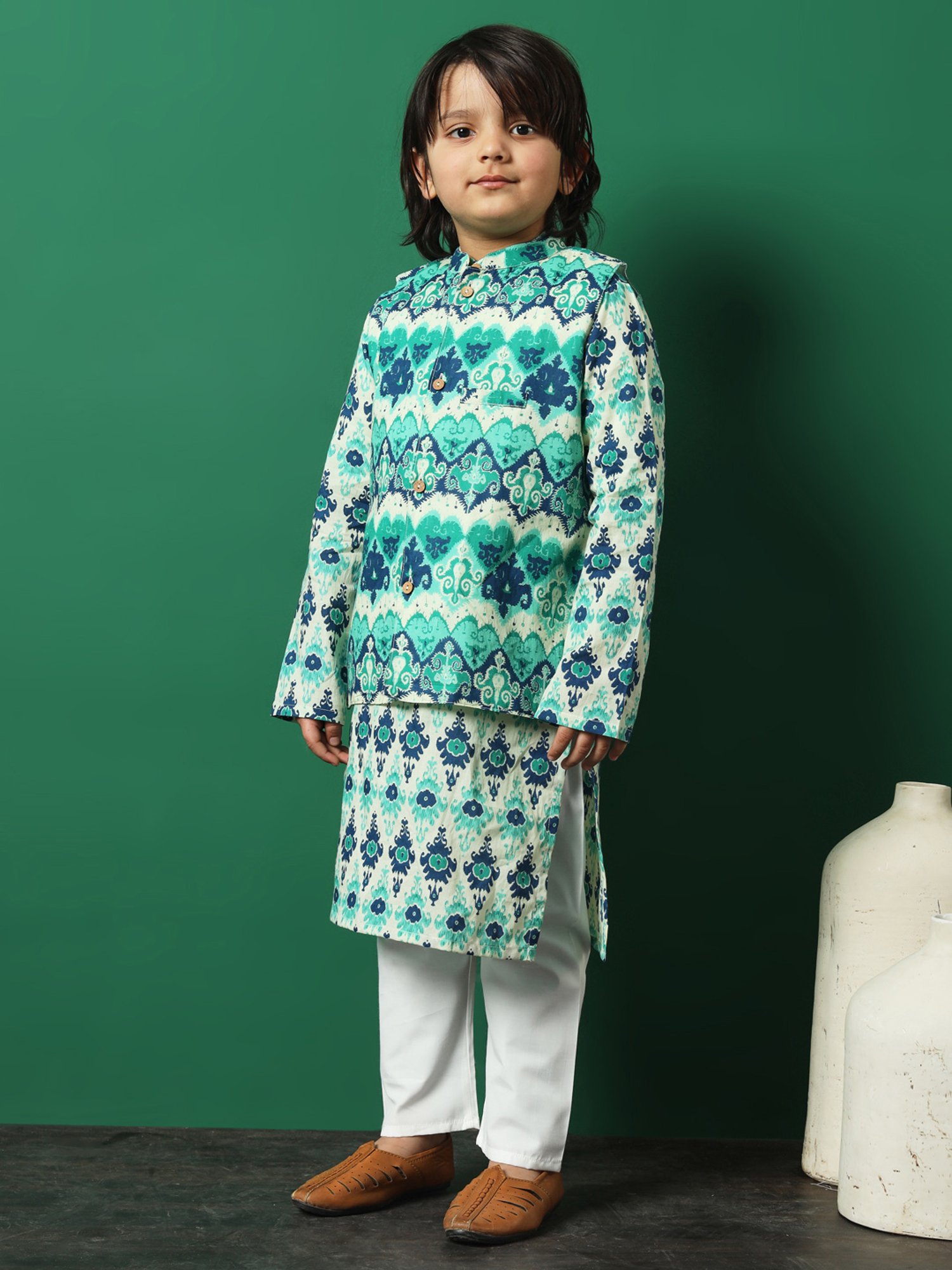 READIPRINT FASHIONS Kids Sea Green & White Printed Full Sleeves Kurta, Pyjamas with Jacket