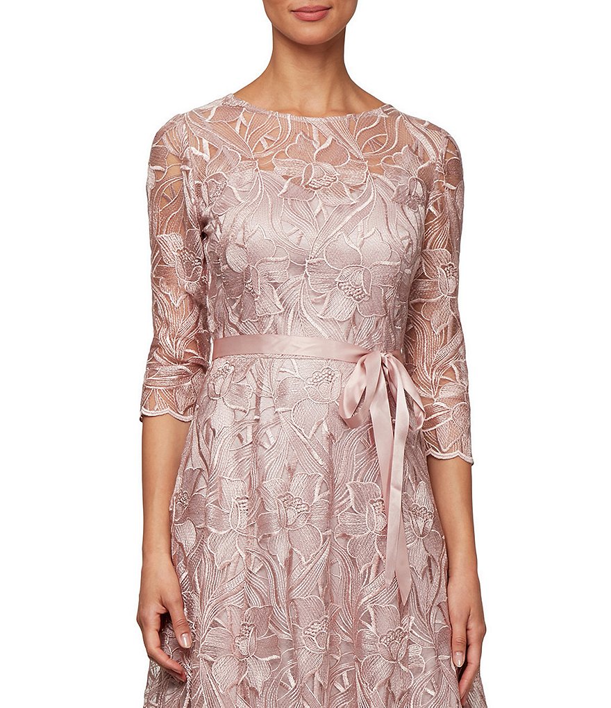 Kay Unger Long Bishop Sleeve V-Neck Crepe A-Line Dress