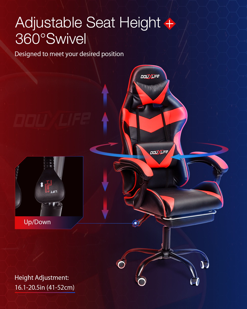 Gaming Chair, Racing Style Computer Desk Chair Padded Armrests Ergonomic Lumbar Support Adjustable Height