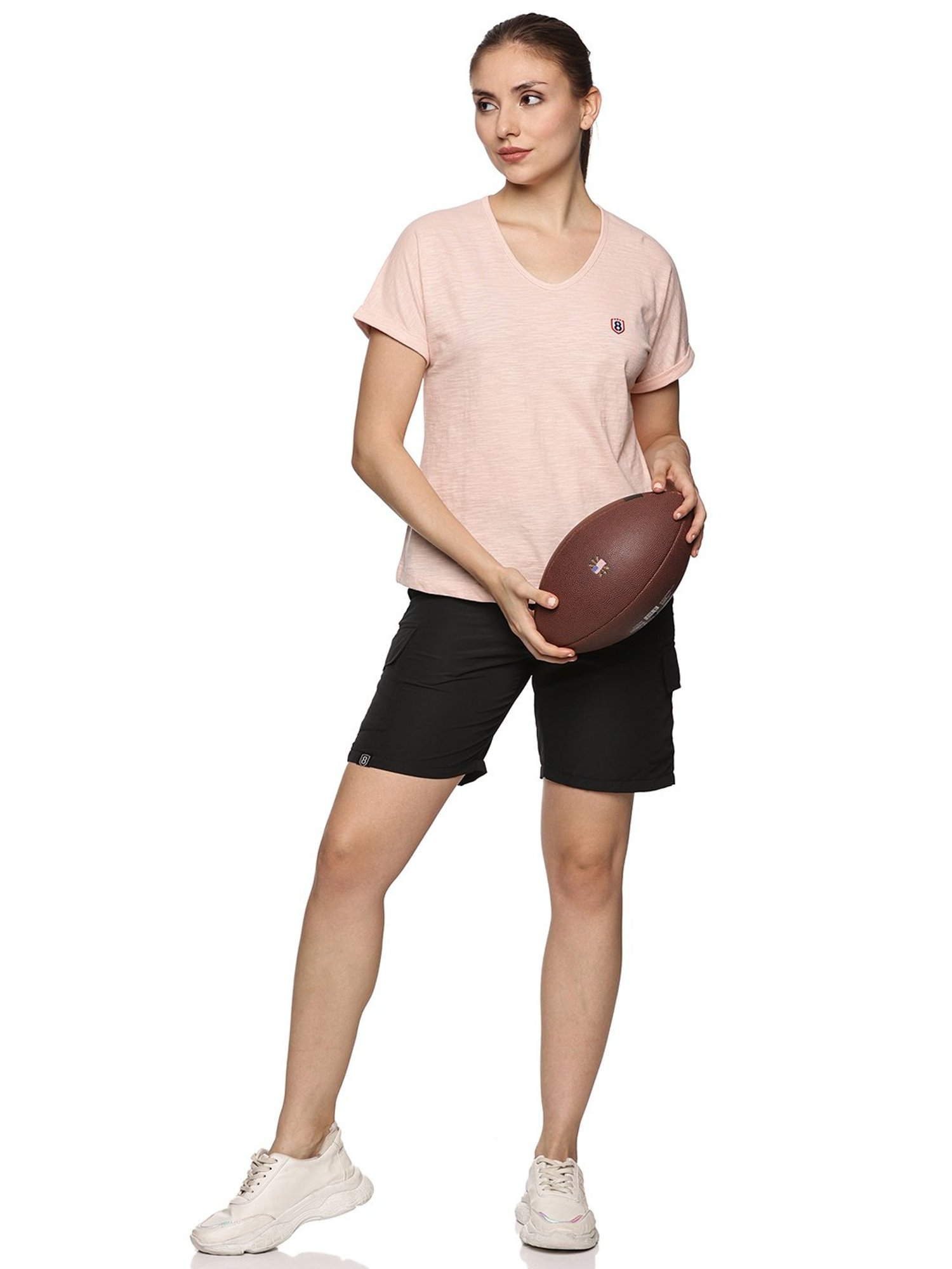 Domin8 Women 100% Organic Cotton U-Neck Mega Sleeve Sports Pink T-Shirt