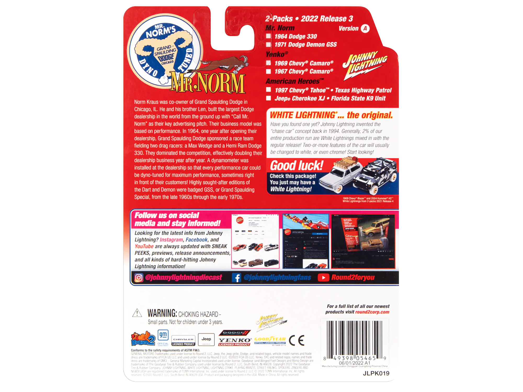 1964 Dodge 330 "Mr. Norm - Grand Spaulding Dodge" Red and 1971 Dodge Demon GSS Plum Crazy with Black Top and Stripes "Mr. Norm GSS" Series Set of 2 Cars 1/64 Diecast Model Cars by Johnny Lightning