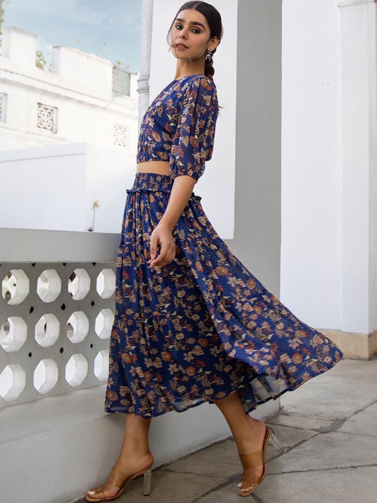 Janasya Blue Floral Print Top Skirt Set