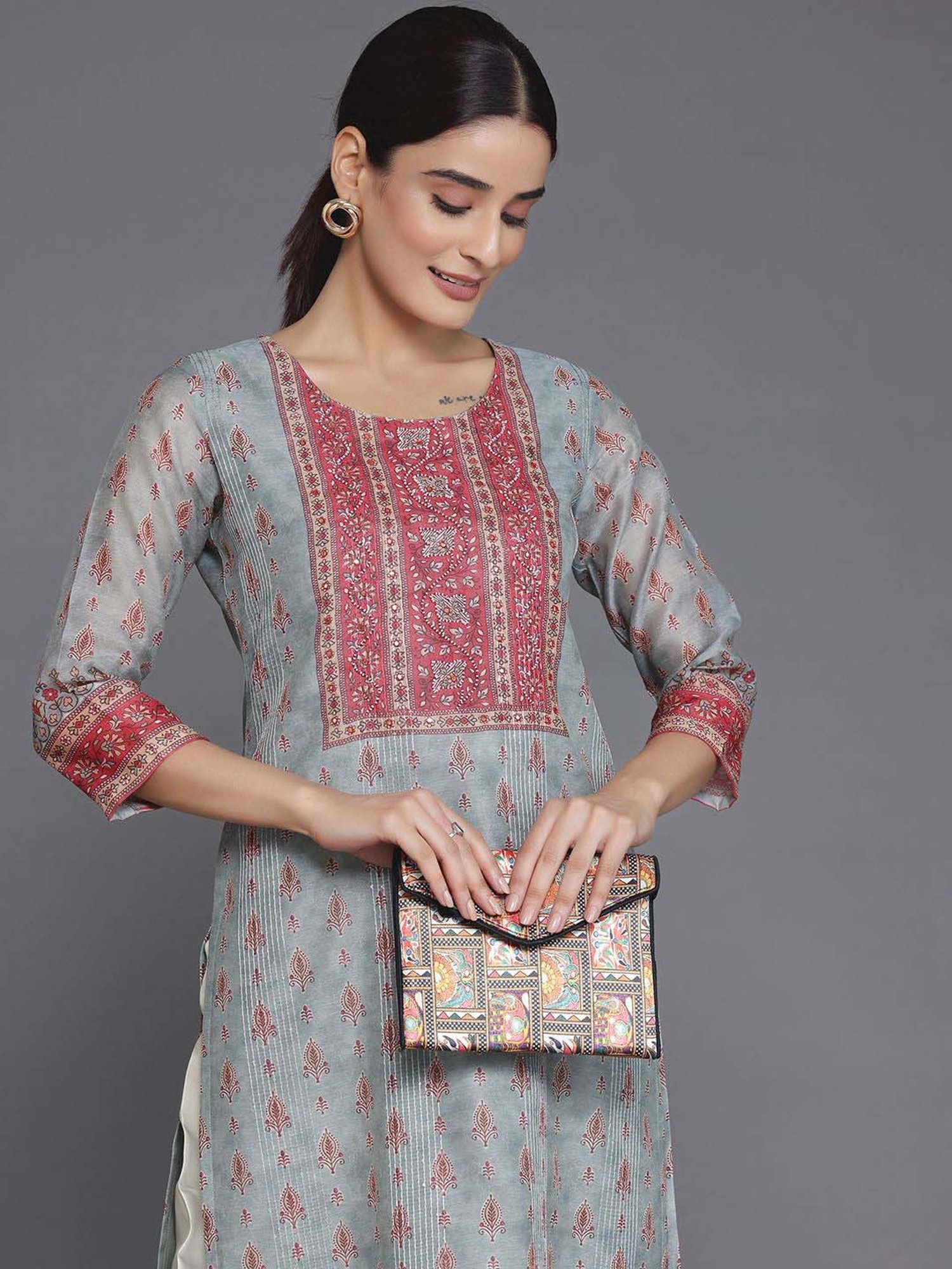 Libas Grey Printed Straight Kurta