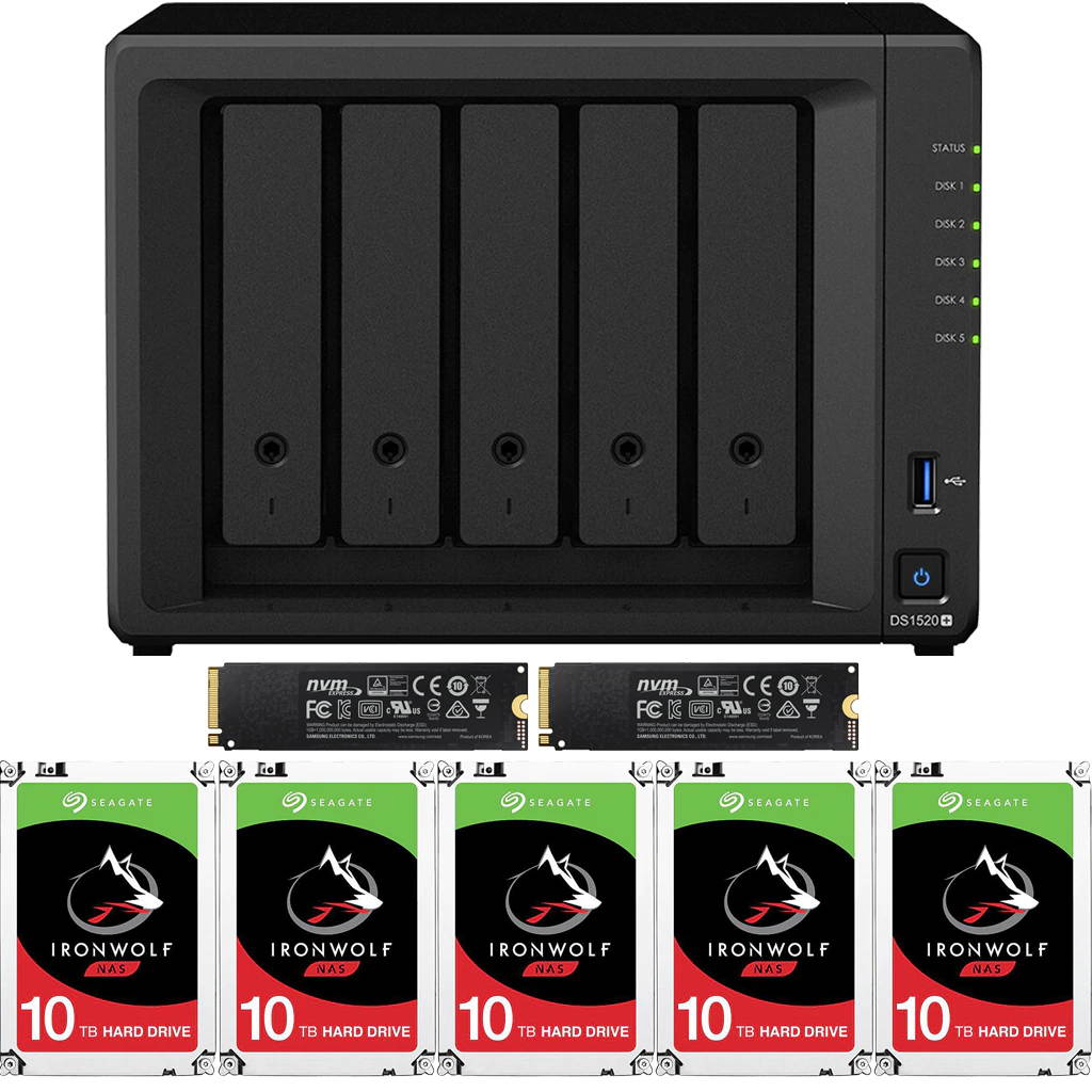 Synology DS1520+ DiskStation with 8GB RAM and 20TB (5 x 4TB) of Seagate Ironwolf NAS Drives and 2TB (2x1TB) NVMe Cache Fully Assembled and Tested By CustomTechSales