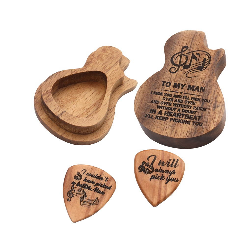 1 Set/3 Pcs Guitar-Shaped Case Guitar Pick Box Guitar Pickup Accessories Wooden Guitar Pick Collection Holder Storage Box (Box and 2 Pcs Pick, Logo Style)
