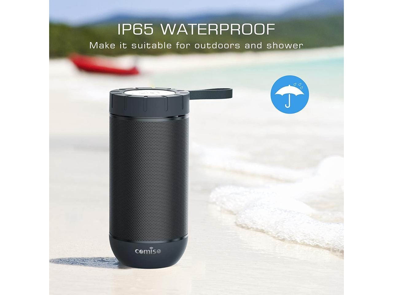 COMISO Waterproof Bluetooth Speakers Outdoor Wireless Portable Speaker with 20 Hours Playtime Superior Sound for Camping, Beach, Sports, Pool Party, Shower (Dark Grey)