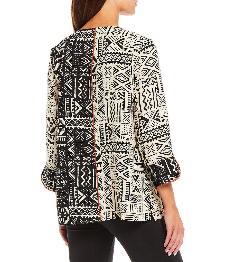 Multiples Petite Size Patchwork Split Round Neck 3/4 Sleeve Contrast Stitching Trim One Button Swing Jacket