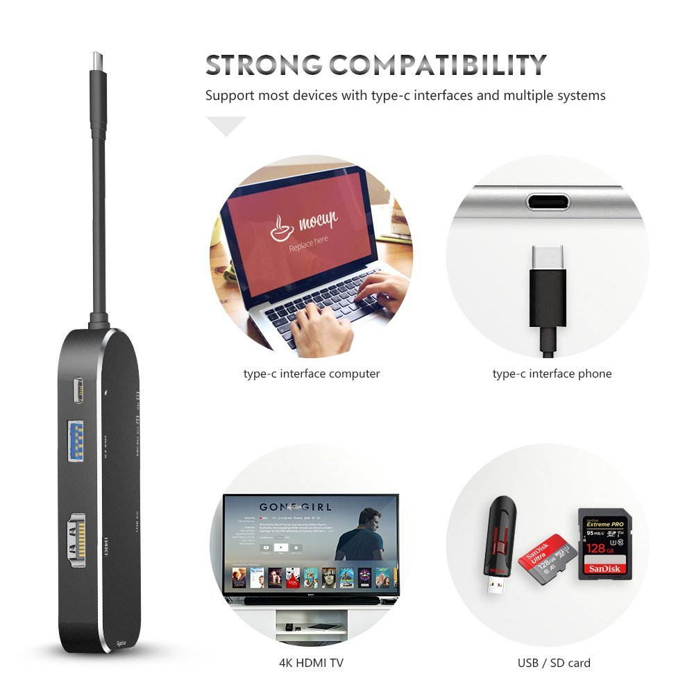 USB C Hub,SILIFUN 7 in 1 Thunderbolt 3 Type C Adapter USB C to USB 3.0 Macbook adapter with Gigabit Ethernet,4K HDMI,PD Power,SD/TF Card Reader,10 Gbps USB Extension Docking Hub for Macbook Pro(Black)