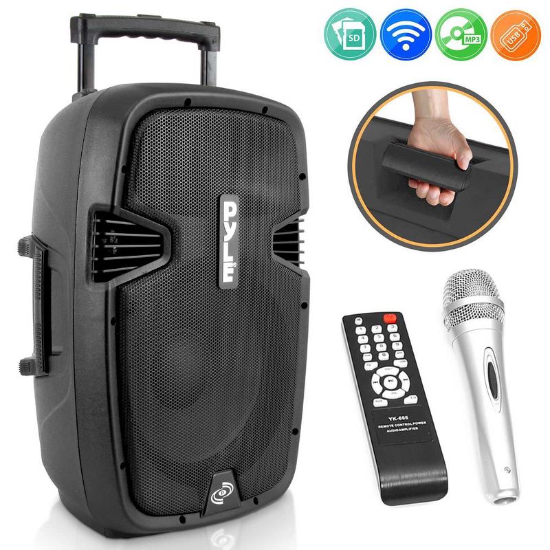 Pyle Pro 1000 Watt Portable Versatile Bluetooth PA Loud Speaker Karaoke System with Rolling Wheels, Extended Pull Handle, & Wired Mic, Black (2 Pack)