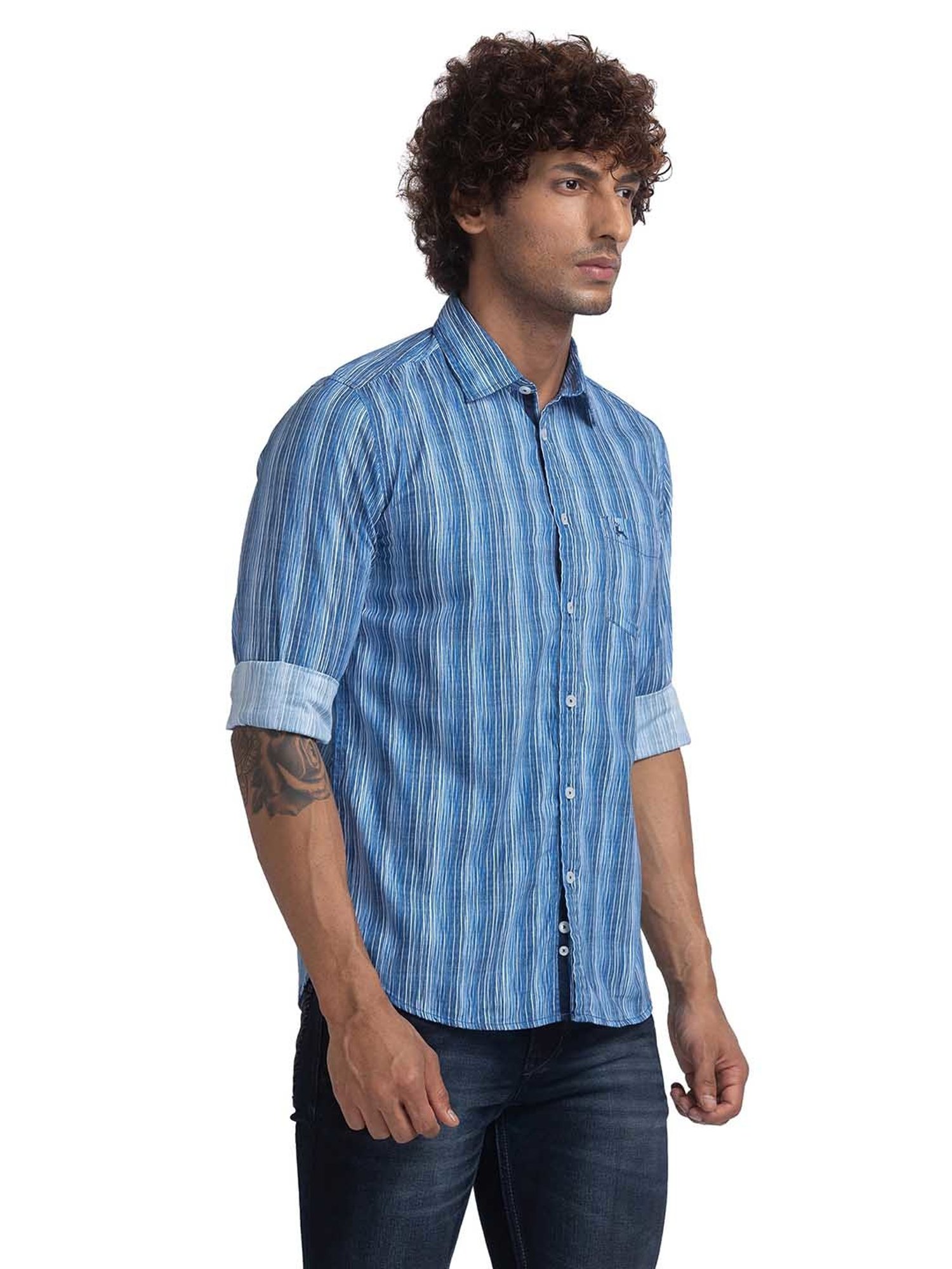 Parx Blue Slim Fit Striped Shirt