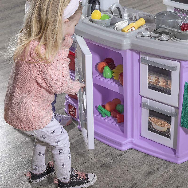 Step2 Great Gourmet Kids Play Pretend Mini Kitchen Playset with 36 Piece Accessory Set, Double Oven, Microwave, and Fridge for Toddler Food Cooking
