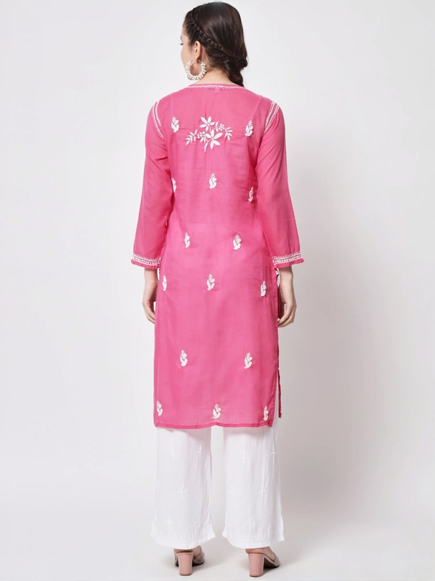 PARAMOUNT CHIKAN Hot Pink Cotton Hand Embroidered Chikankari Straight Kurta