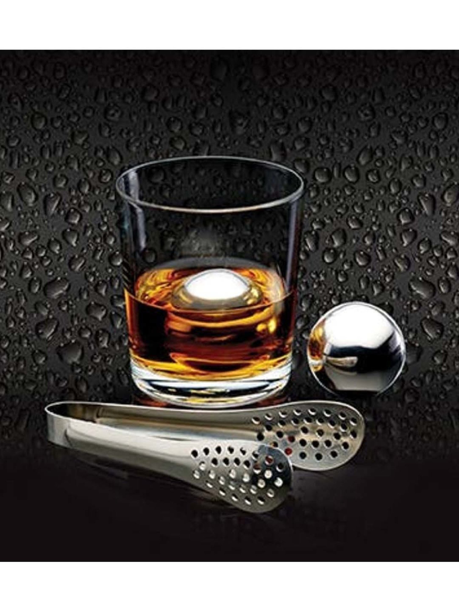 BarCraft Silver Stainless Steel Ice Ball with Tong & Storage Bag
