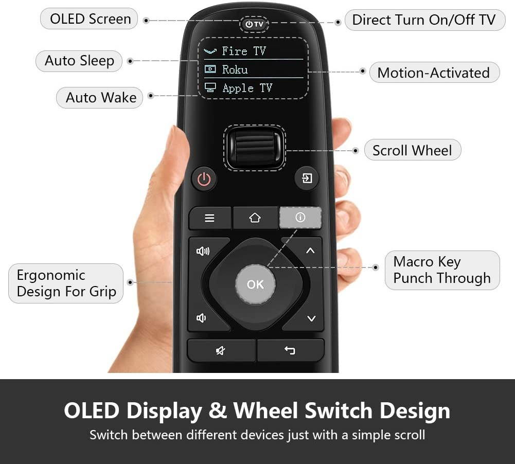 Updated U1 Universal Remote with OLED Display and Smartphone APP All in One Universal Remote Control for up to 15 Entertainment Devices Compatible with Smart TVs/DVD/STB/Projector so on