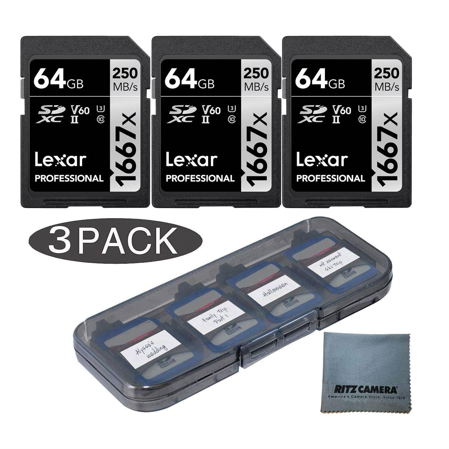 Lexar 64GB Professional 633x LXLSD64GCB1NL633 SDXC Class 10 UHS-I/U3 SD Card 3-Pack Bundle w/Memory Card Reader