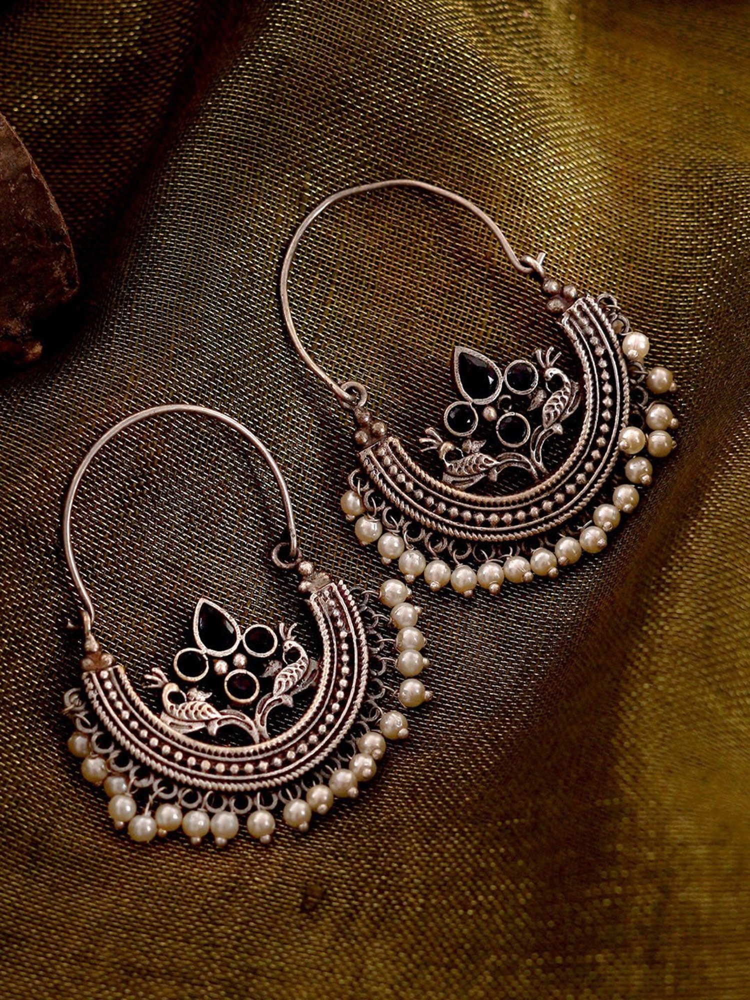 Teejh Saara Floral Pearl White & Black Stone Bali Earrings